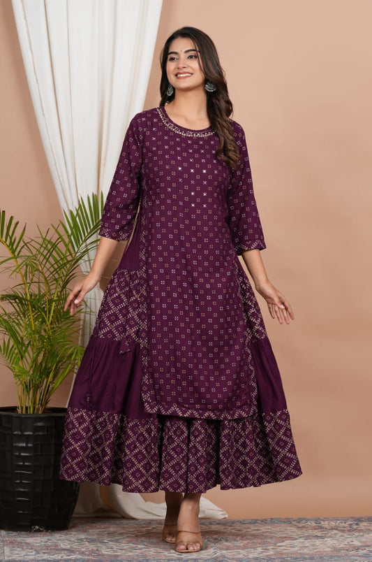 Purple Printed Double Layered Cotton Anarkai Kurta