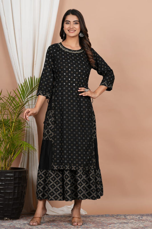 Black Printed Double Layered Cotton Anarkai Kurta