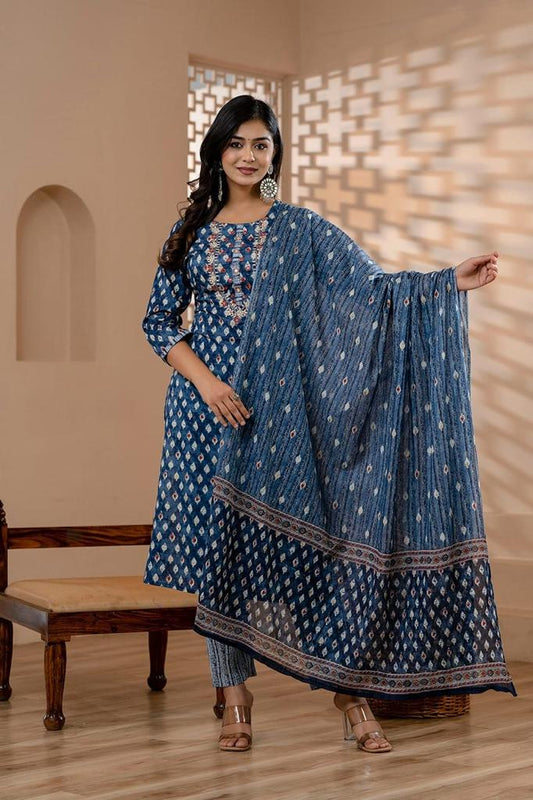 Blue Printed Cotton Salwar Set