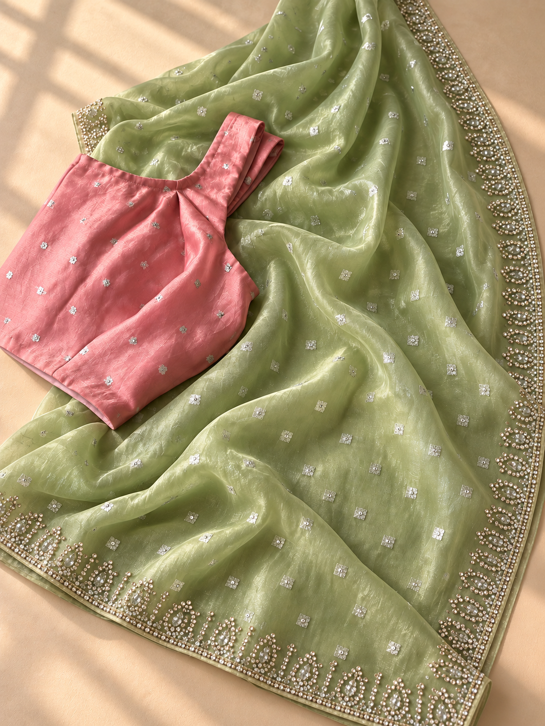 Sage Green Cocktail Saree with Blush Pink Blouse