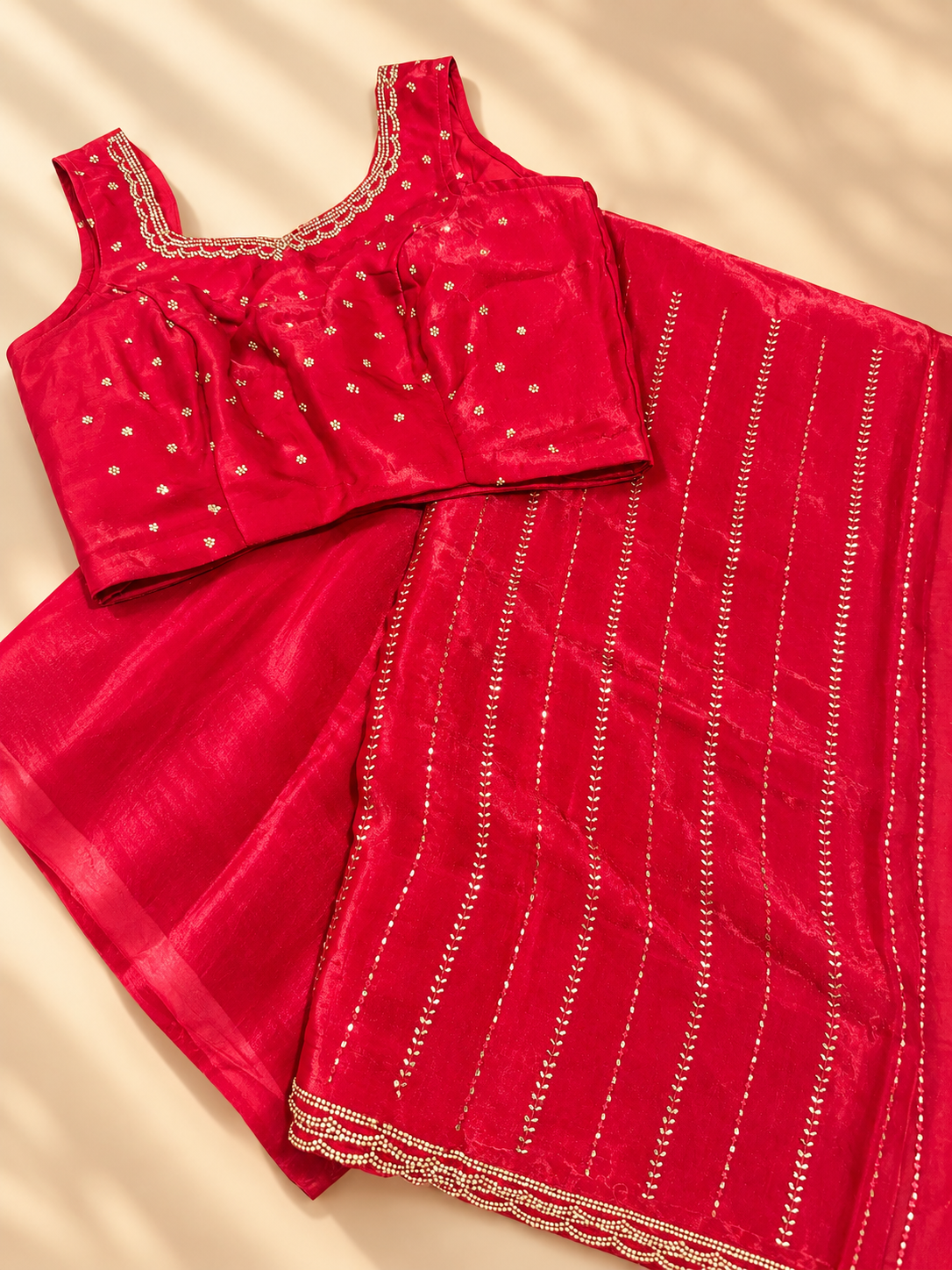 Red Cocktail Saree with Stitched Blouse