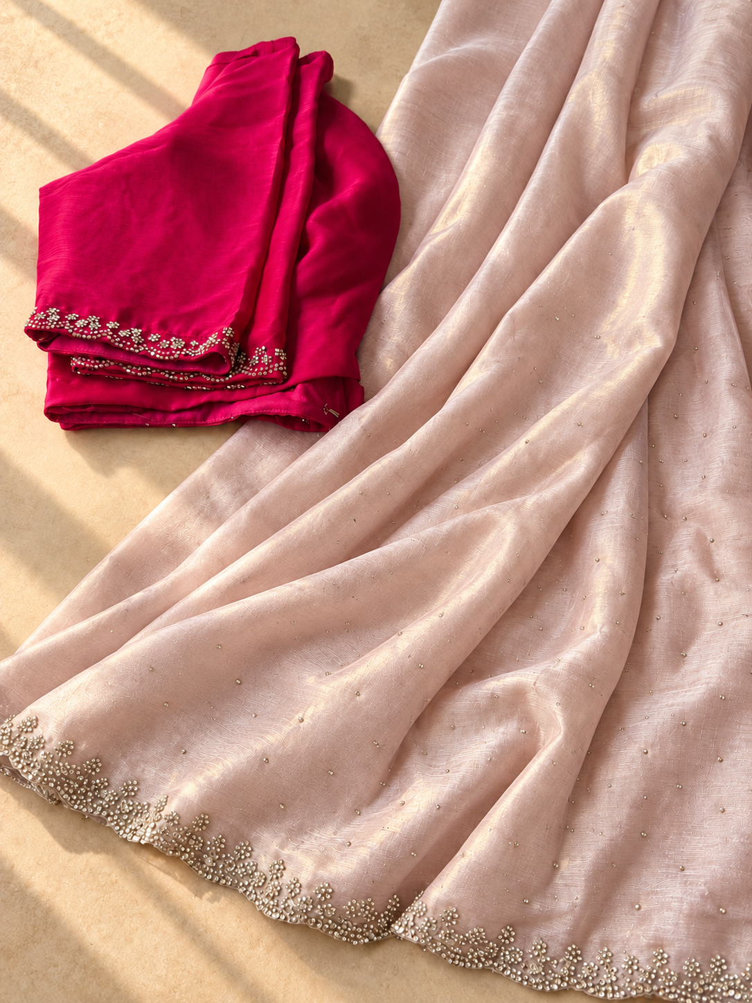 Blush Pink Cocktail Saree with Fuchsia Blouse
