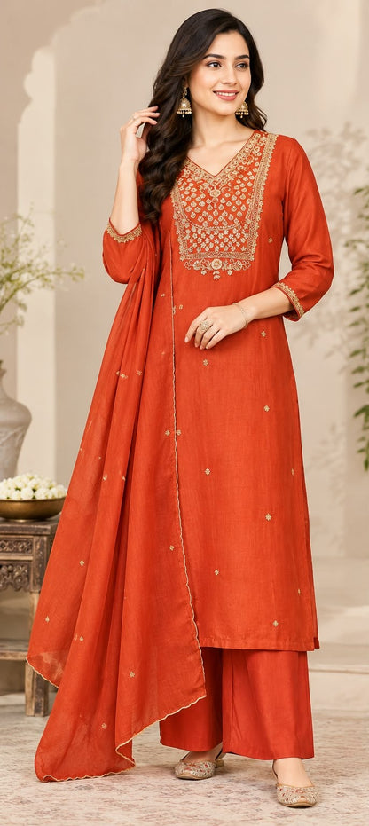Orange Embroidered Kurta Set with Palazzo Pants