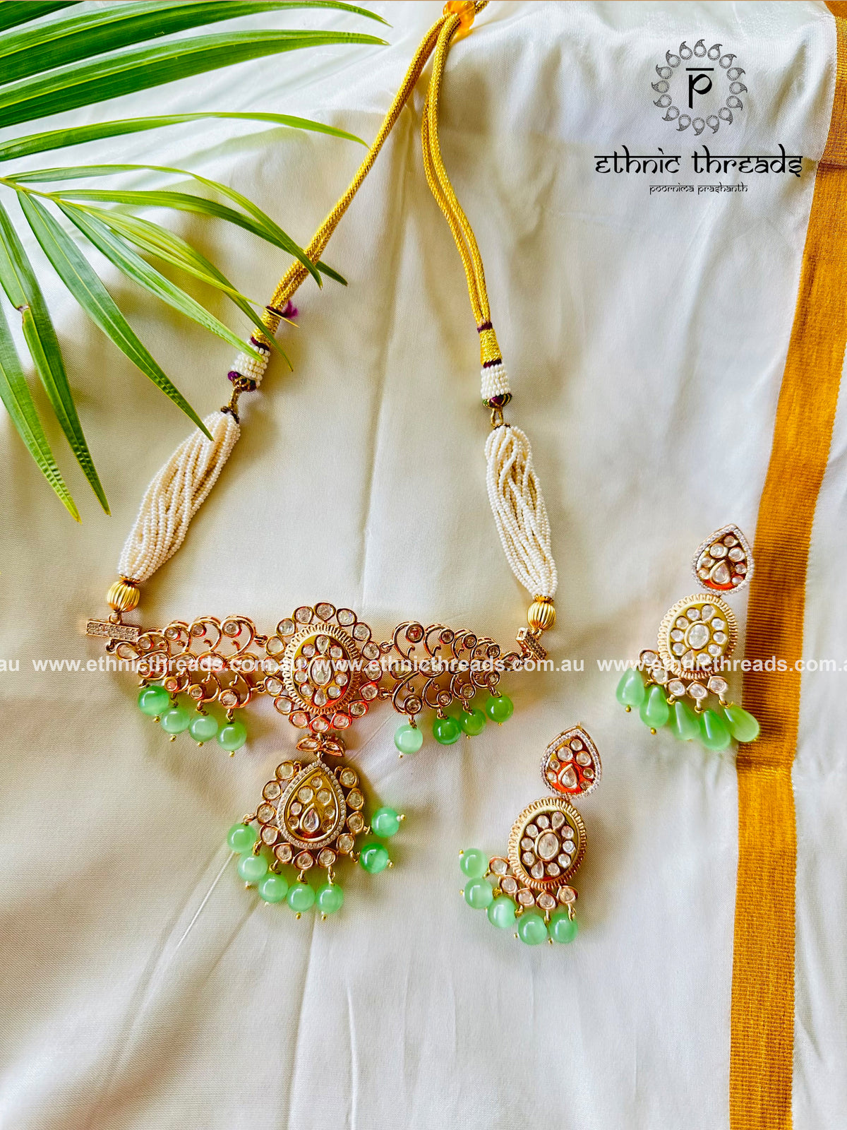Victorian Finish Kundan Choker set - Mint Green