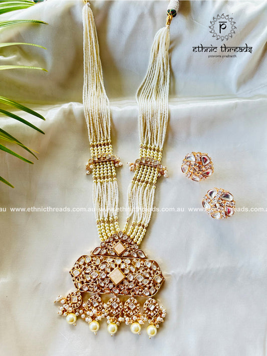 Kundan Polki Long set - Cream and Pearl Drops