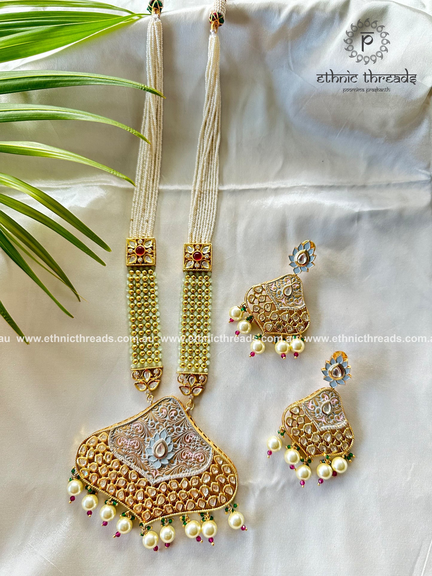 Kundan Long set with Pearl and Mint Green Beaded