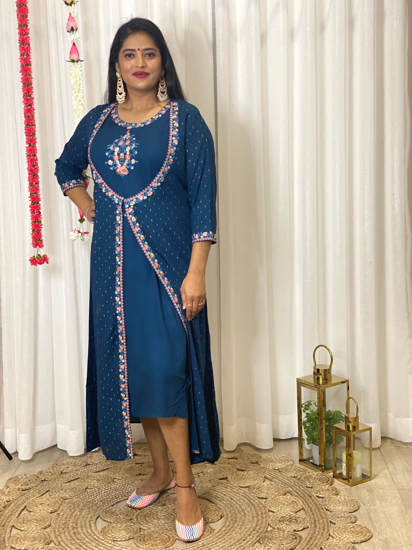 Teal Blue Embroidered Cotton Anarkali with Overcoat