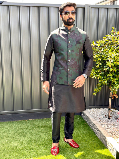 Raw Silk Mens Long Kurta with Jacket