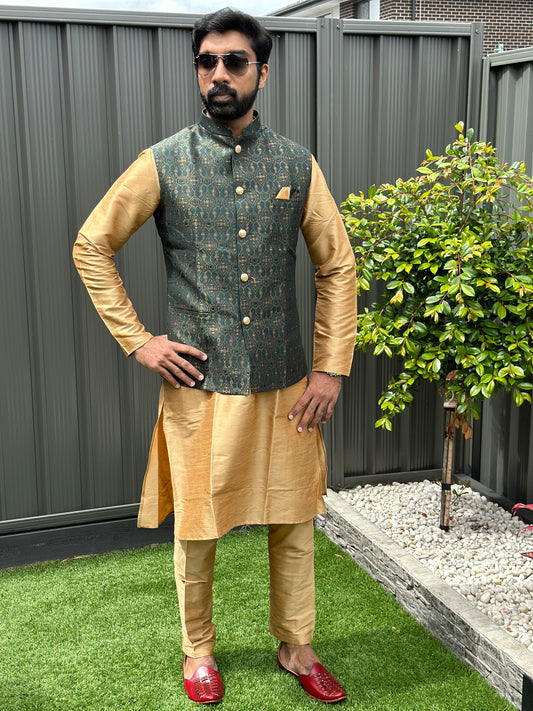 Raw Silk Mens Long Kurta with Jacket